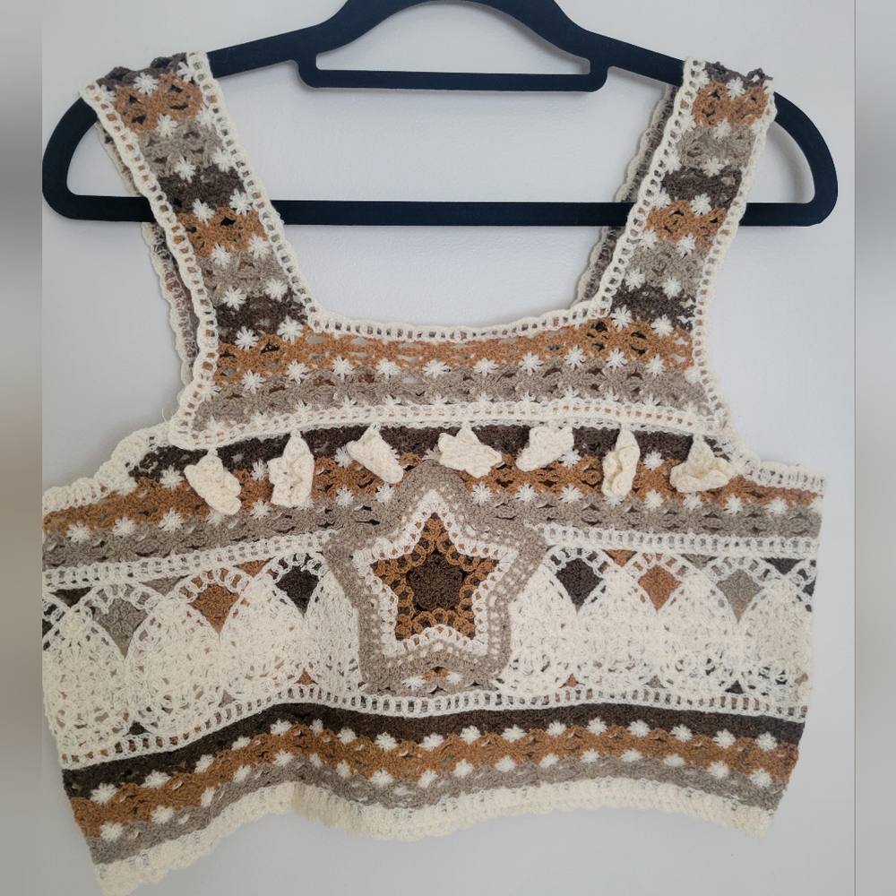 POL Crochet Crop Top Neutral Star Embellished OS New